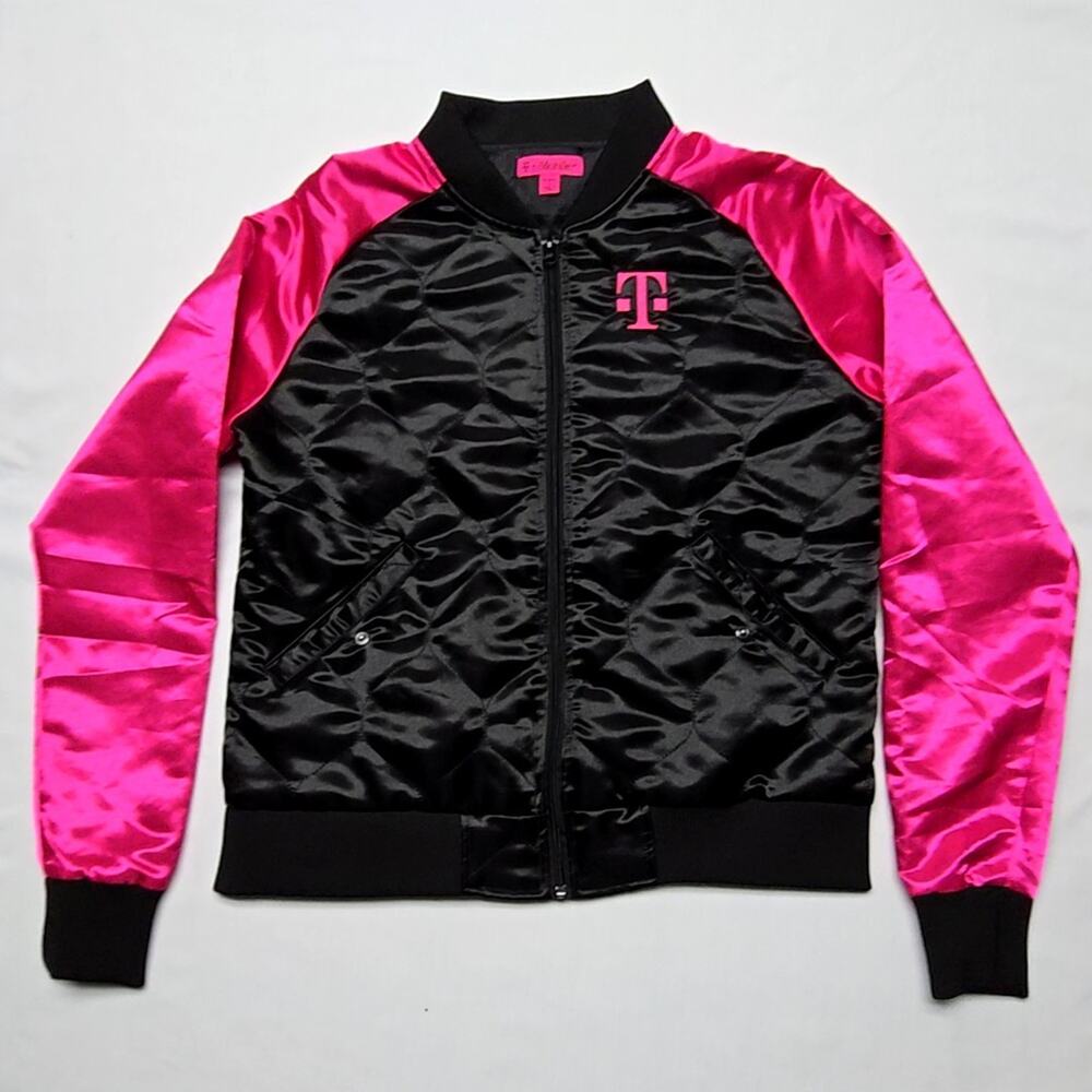 T-Mobile Womens Jacket Quilted Satin Black Pink Bomber Coat Large